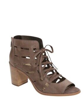 Vince Camuto Tressa Bootie Cutout Lace Up Open Toe Suede Taupe Brown